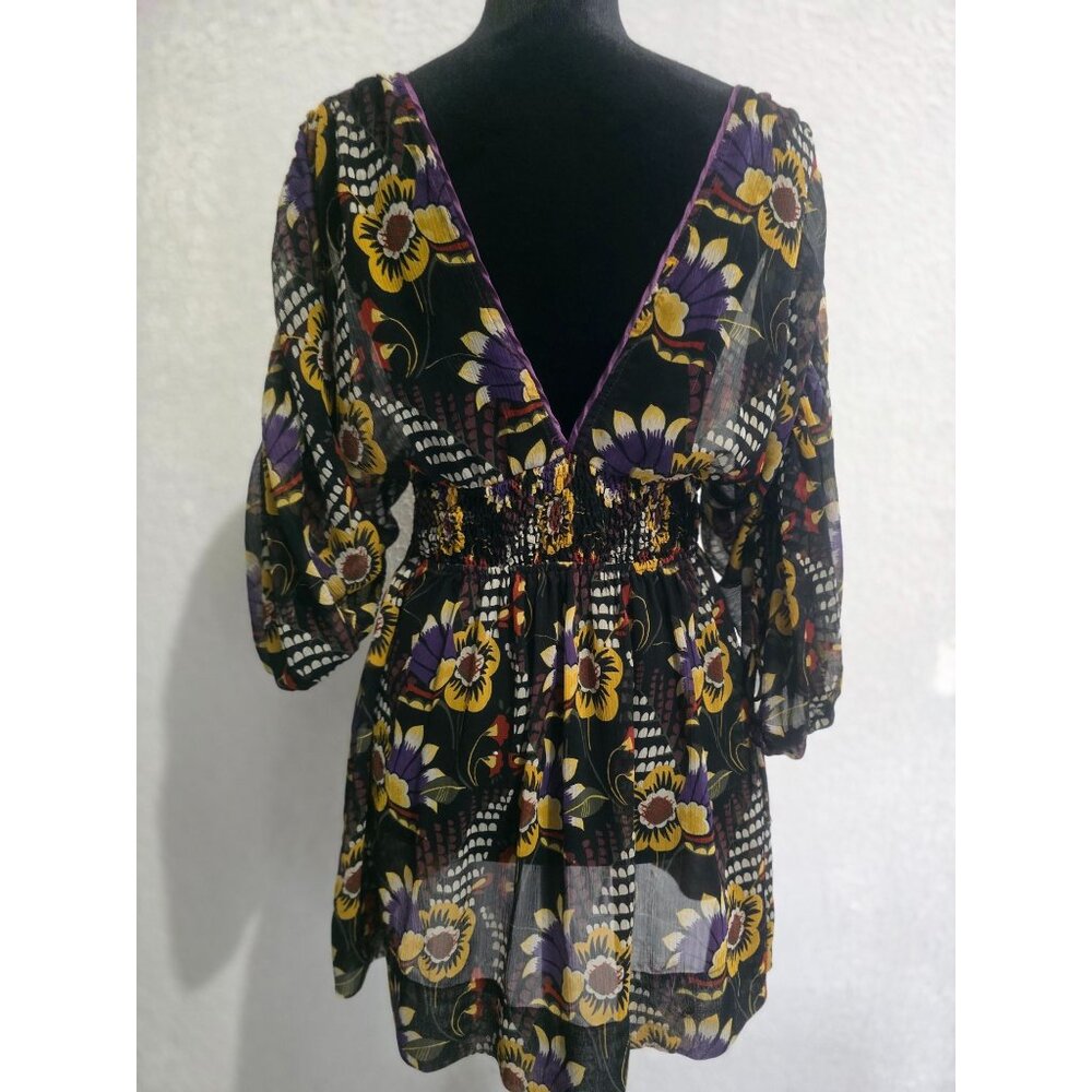 Floral Sheer V-Neck Tunic Dress With Elastic Waist & 3/4 Sleeves Size M - Picture 3 of 9